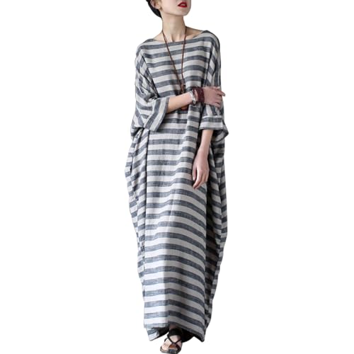 Image of LUZU JUNU Women Cotton Linen Caftan Robe Striped Casual Loose Bat Sleeve Long Maxi Dress