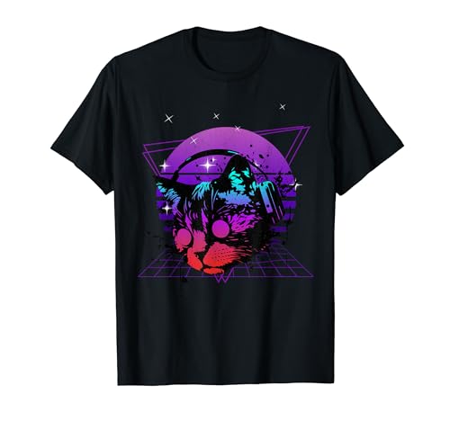 Synthwave Vaporwave Sunset Cat Is A Dj Aesthetic Retro Cat T-Shirt for Men Women