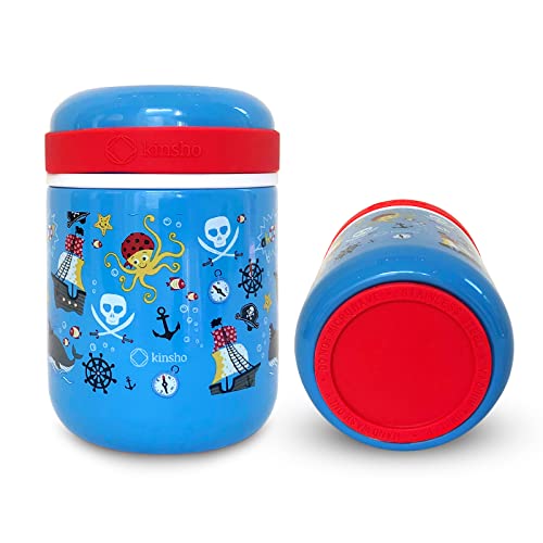 kinsho Kids Thermal for Hot Food Soup Lunch, Insulated Stainless Steel Wide Mouth Jar, Container for Boys Toddlers Day Care Pre-School, Leakproof Easy Grip Thermal Vacuum Seal 10 oz, Pirates