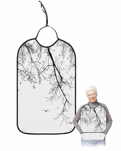 LEOKOTI Black Branch Adult Bibs for Eating, Waterproof Bibs with Food Catcher & Adjustable Snap Closure, Birds Modern Abstract Art Classic Black Washable Clothing Protectors Adult Bibs for Elderly