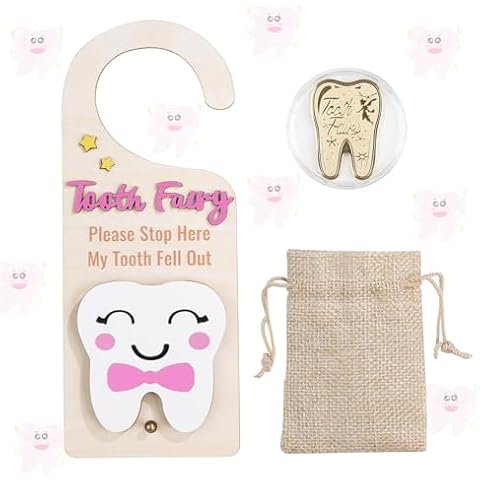 Lummitwit Tooth Fairy Door Hanging Tooth Fairy Storage Bag One Tooth Fairy Coin Keepsake Wooden Tooth Holder with Money Slot to Commemorate Your Child's First Lost Tooth, Tooth Fairy Gift (Pink) Cover