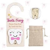Lummitwit Tooth Fairy Door Hanging Tooth Fairy Storage Bag One Tooth Fairy Coin Keepsake Wooden Tooth Holder with Money Slot to Commemorate Your Child's First Lost Tooth, Tooth Fairy Gift (Pink)