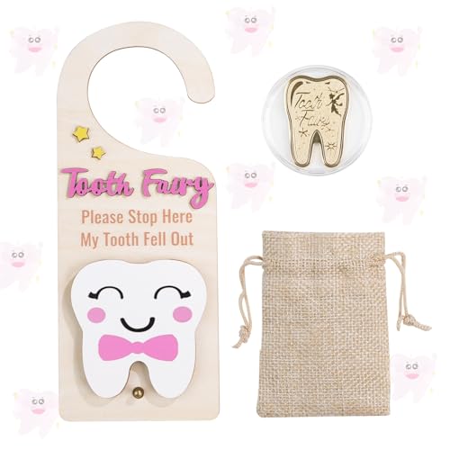 Lummitwit Tooth Fairy Door Hanging Tooth Fairy Storage Bag One Tooth Fairy Coin Keepsake Wooden Tooth Holder with Money Slot to Commemorate Your Child's First Lost Tooth, Tooth Fairy Gift (Pink)