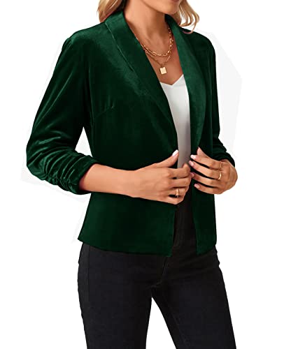 Mintlimit Women's 3/4 Sleeve Blazers Shawl Lapel Vintage Office Open Front Velvet Blazer (Dark Green,Size 2Xl) #TOP4