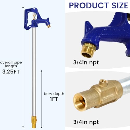 3ft Frost-Free Yard Hydrant, Freezeless Frost Proof Hydrant,Water Hydrant 3/4\" Pipe Connection,Total Length 3ft, 12\" Bury Depth,for Yard,Garden,Pasture Irrigation and Drinking