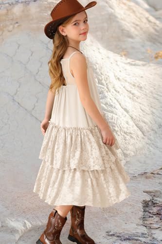 MITILLY Girls Boho Lace Backless Square Neck Sleeveless A Line Ruffle Tiered Flowy Long Party Dress 12 Years Apricot - Thumbnail 3