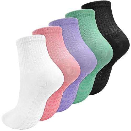 BOARDFEB Yoga Socken Damen Stoppersocken 36-42, 5 Paar Rutschfeste Socken Damen Antirutschsocken Pilates Socken Geschenke für Frauen Mädchen Erwachsene (Bunt)