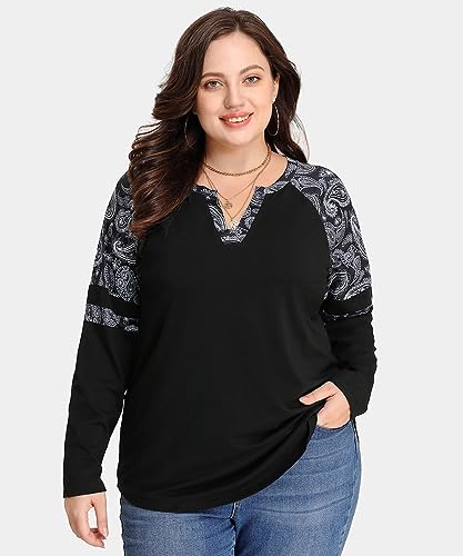 Image of CARCOS Plus Size Tops for Women Long Sleeve Fall Tunic Color Block Camo /Plaid /Leopard /Fall Blouse Crewneck Tshirt XL-5XL