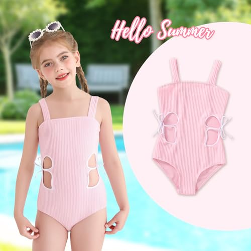 Image of Girls Swimsuit One Piece Bathing Suit Adjustable Straps Solid Color Cut Out Butterfly Girls' Swimwear for 7-14Y