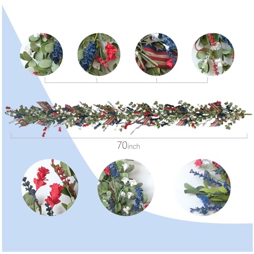 Bibelot 4th of July Front Door Garland Wreath -5.9Ft Patriotic Garland with Red, White & Blue Flowers and Leaves for Arch Wall Table Party - Memorial Day, Independence Day Indoor & Outdoor Decor