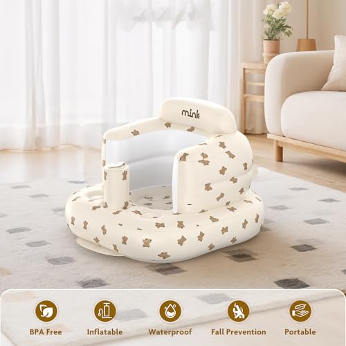 Image of Mink Inflatable Baby Seat for Babies 3+ Months,Infant Floor Seats for Sitting Up,Portable Blow Up Baby Chair with Built in Air Pump, Ideal for Sitting Up and Learning to Play (Bear Cub)