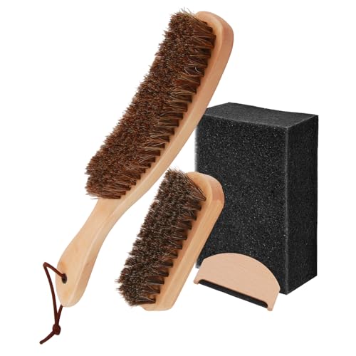 4Pcs Horsehair Shoe Brush Felt Hat Brush with Cleaning Sponge and Wood Cap Cleaning Lint Remover Horse Hair Brush for Leather Cleaning Hat Suede Clothes