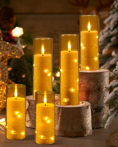 Image of Da by Flameless Candle Light, Battery Candle with recessed String Lights, 5 flameless Candles with 11-Key Remote Control, 24-Hour Timer Function, Champagne Color (Pack of 2)
