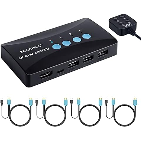 TCNEWCL KVM Switch 4 Port, HDMI KVM Switcher 4Kx2K@30Hz for 4 Computers Sharing 1 HD Monitor and 3 USB Devices Keyboard Mouse Printer,Including 4*KVM Cables &1* Wire Desktop Controller Cover