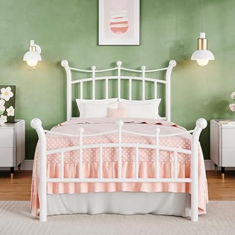 HOMBCK Twin Metal Bed Frame, Twin Bed Frame with Crown Headboard, Twin Bed Frame for Kids, Crown Pattern Design Headboard & Footboard, Steel Slats Support, No Box Spring Needed, White Cover