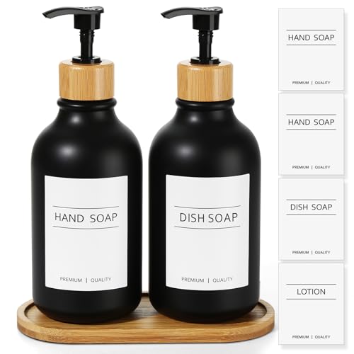 KASUNTING Hand and Dish Soap Dispenser Set, Plastic Kitchen Soap Dispenser Set with Bamboo Tray, 17 Fl Oz Black Soap and Lotion Dispensers Sets with 4 Pack Labels for Kitchen & Bathroom Countertop