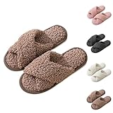 TDEOK Pantuflas de felpa para mujer, pantuflas marrones de invierno, pantuflas mullidas y acogedoras, pantuflas cálidas, suelas planas, suaves, zapatos para el hogar, interiores y exteriores,
