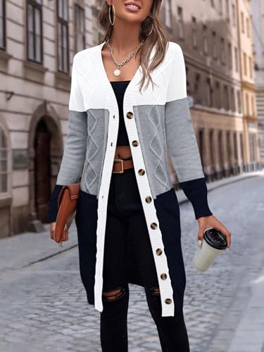 SweatyRocks Women's Color Block Button Front V Neck Long Sleeve Cardigan Soft Knit Long Coat Sweater4