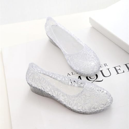 Jelly Mesh Ballet Flats for Women Sparkly Clear Jelly Sandals Hollow Water Slides Slip on House Slippers Lightweight Breathable Low Heel Wide Dressy Ballerina Shoes Summer Beach Party Cruise Vacation2