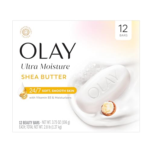 Image of Olay Beauty Bar, Ultra Moisture,10x More Moisturizers, 24 /7 Soft & Smooth Skin, Gentle Cleanse on Face & Body, Vitamin B3 Complex, For All Skin Types, Shea Butter Scent, 3.75 oz, (12 Count)