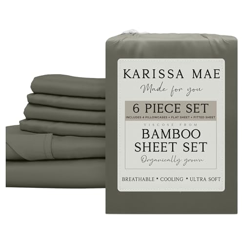 Image of KARISSA MAE 6 Piece Luxury Bamboo Viscose Queen Sheet Set, 4 Pillowcases | FSC Certified | Cooling | Ultra Soft | 18 inch Deep Pockets | Elastic Corner Straps | Includes Organizer Band [Cypress Green]
