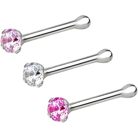 Forbidden Body Jewelry Nose Rings Sterling Silver CZ Simulated Diamond Micro Nose Studs 22G Set of 3 (Clr/Fus/Rose) Cover