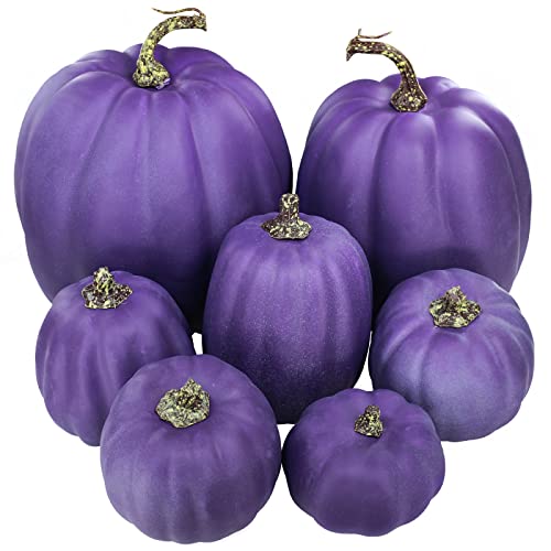 Image of Winlyn 7 Pcs Assorted Sizes Purple Artificial Pumpkins and Gourds Decorative Halloween Pumpkins Foam Pumpkins for Gifts Chic Halloween Thanksgiving Fall Wedding Table Centerpiece Mantel Shelf Decor