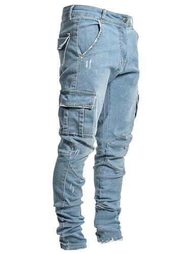 Pantete Cargo Jeans for Men Slim Fit Stretch Straight Leg Pants Skinny Fashion Denim Jeans with Multi Pockets