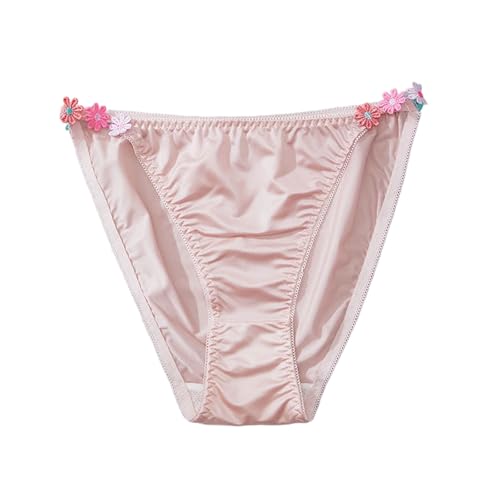 Womens Silk Satin Panties Floral String Cheeky Bikini Underwear Breathable Low Rise Hipster Brief Cute High Cut Thong Pink