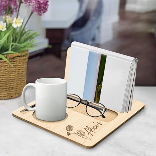 Personalized Solid Oak Triangle Bookshelf Stand, Wood Rest Case With Coffee Drink Holder, Custom Christmas Birthday Gift for Her Women Book Lover (Style 4) - Thumbnail 2
