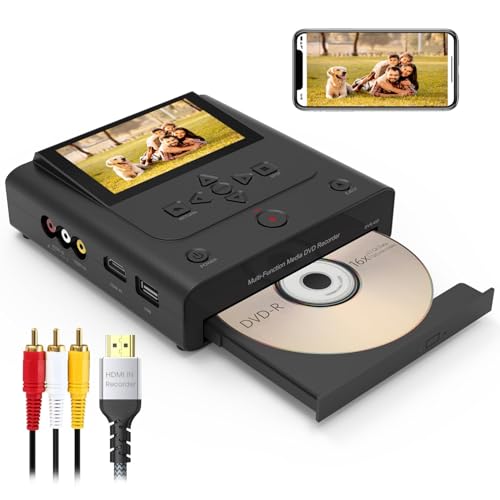 VHS to DVD Recorder VCR to DVD Recorder-Convert Photos and Videos Between VHS VCR Memory CardDVD and USB. Phone can use a Free app to Burn Videos and Photos Also has TV Recording Function