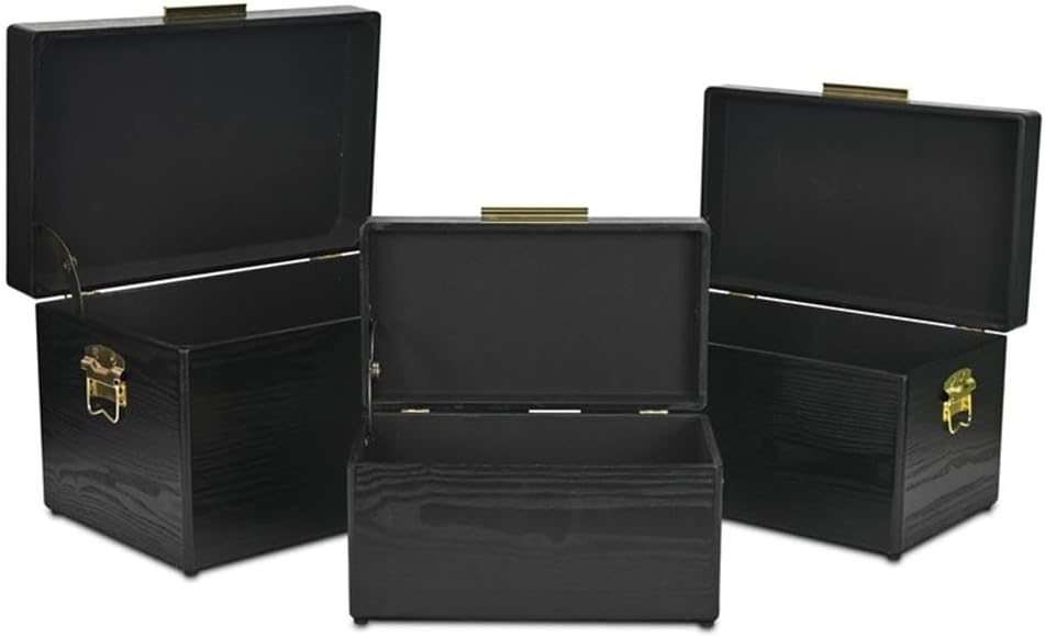 Pemberly Row Set of 3 Wooden Storage Trunks, Matte Black Finish with Gold Handles, Compact Sizes 19.25 in, 17 in, 14.5 in, Hinged Lid, Modern Organizational Decor for Living Room, Bedroom, or Office