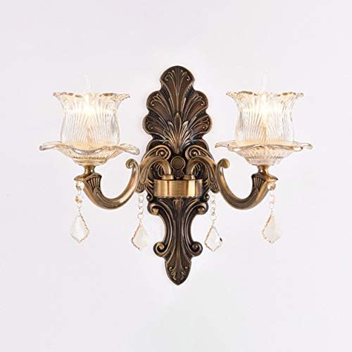 LITFAD Clear Flower Wall Light with Crystal 2 Head Vintage Style Glass Sconce Light Retro Decoration Wall Mount Light Wall Lamp in Antique Brass for Hotel Bedside Living Room Restaurant