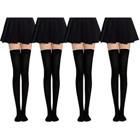 Defrsk 4 Pairs Knee High Socks for Women Long Socks Women Over Knee High Socks Thick Cotton Socks Cosplay Black Stockings Thigh High Socks Cover