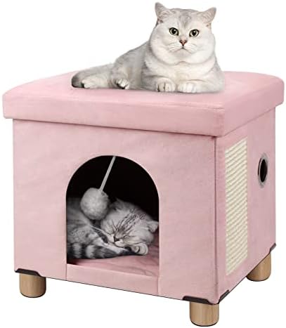 BRIAN & DANY Cat Cave for Indoor Cats, Multifunctional Cat Cube House with Scratch Board & Ball, Foldable Cat Bed, 37.5 x 32.5 x 36 cm, Pink