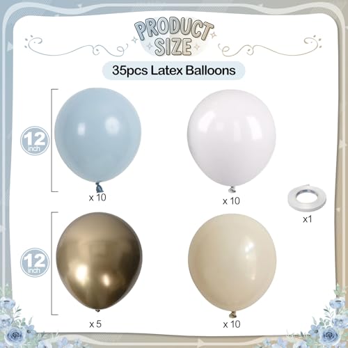 Image of Dusty Blue Beige Balloons, 12 Inch Fog Blue Sand White Balloons with Cream Ivory Metallic Gold Balloon for Baby Shower Boho Bridal Shower Birthday Wedding Engagement Party Decorations Supplies