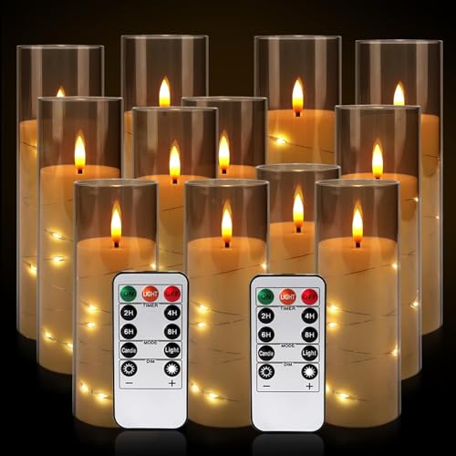 Image of 12-Pack Gray Acrylic Flameless LED Candles with Embedded String Lights - Remote Control for Holiday & Home Decor,Wedding.