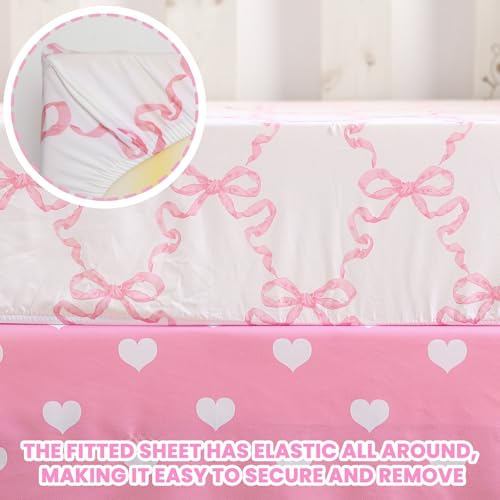Image of Hahafelt 3 Pcs Baby Girls Crib Bedding Set Coquette Pink Bow Baby Bedding Set for Girls Coquettish Pink Heart Bow Infant Nursery Includes Quilt, Fitted Crib Sheet and Skirt