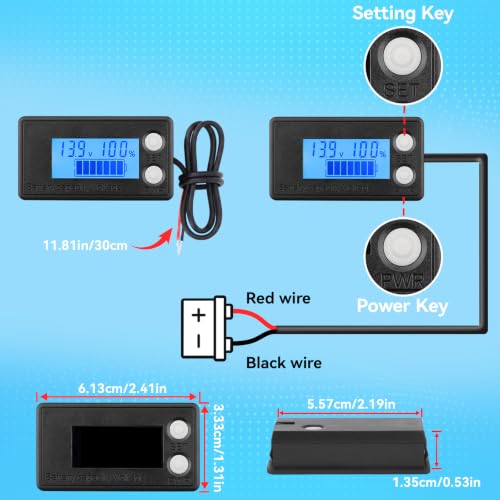 Image of DROK Waterproof Battery Monitor 12V 24V 36V 48V 72V Battery Meter 8-100V, Capacity Tester LCD Display with Blue Backlight, Fit for Car Golf Cart RV Marine