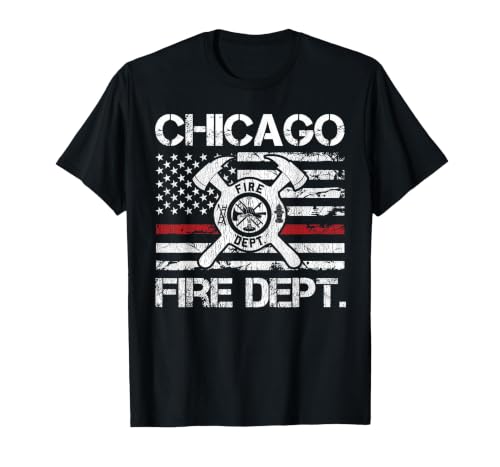 Chicago Illinois Fire Department Thin Red Line Fireman T-Shirt, Men, Black, Medium