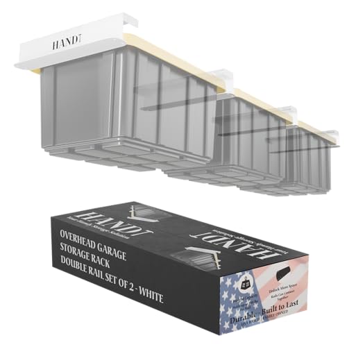 Image of USA Based Overhead Garage Storage Rack, Connectable Heavy Duty Metal Ceiling Rails Garage Storage Organization Shelving System, Hanging Racks Tote Containers, Supports Up To 3 Bins, 2 Sets White