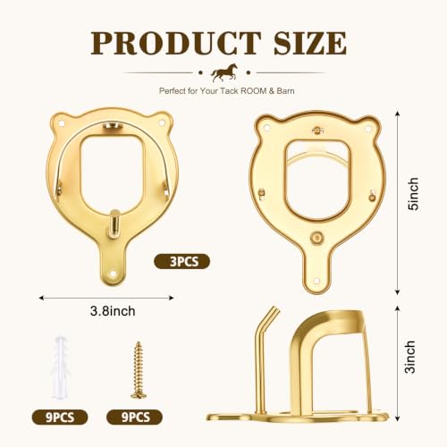 Image of Dunzy 3 Pcs Horse Bridle Rack Bracket Bridle Hooks Tack Storage Halter Hanger Metal Holder with Tubes and Screw for Horse Barn Supplies (Gold)
