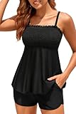 Yonique Flowy Tankini with Shorts - Tummy Control Two Piece Swimsuit with Pockets Smocked Bandeau Bathing Suit 2026 Swimwear Black L