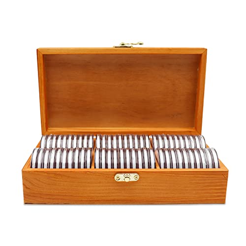 20-46 mm Wooden Coin Holder 60 pcs Highly Transparent Capsules With Foam Gasket Collector Case Professional Storage Box for Collection (Bronze)