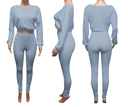 Annystore Women Ribbed 2 Piece Outfits Long Sleeve Fall Pullover Crop Tops Long Pants Set Bodycon Sweatsuits Tracksuit Blue Grey M #TOP4