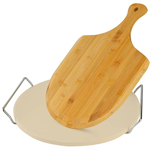Round Pizza Stone for Oven Baking & BBQ Grilling | 12 x 12" Inch Durable Cordierite Cooking Stone with Free Wooden Pizza Peel & Handles