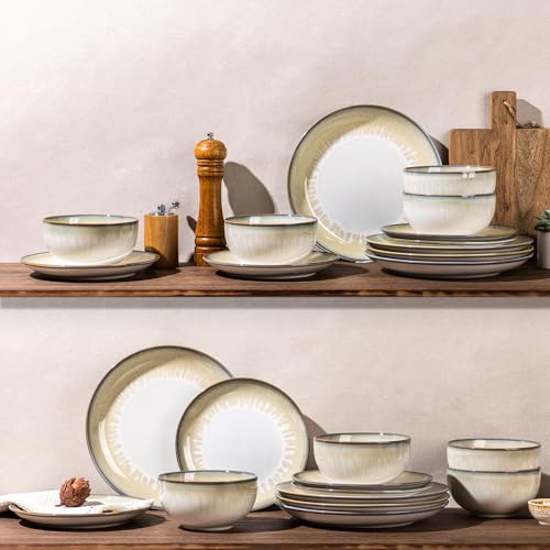 Image of LERATIO Ceramic Dinnerware Sets for 4,Reactive Glaze Plates and Bowls Set with Mugs, Dishwasher,Microwave & Oven Safe Dishes set-Sage Ivory