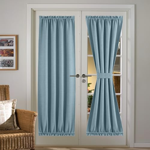 NICETOWN Door Window Curtain for Privacy, Rod Pockets Faux Linen French Door Curtain with Tieback, Farmhouse Thermal Insulated Curtains for Kitchen, 3
