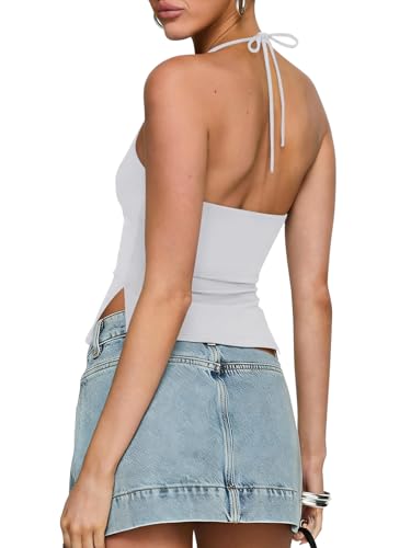 PINKMSTYLE Womens Sexy Tie Halter Tops Backless Double Lined Tank Spaghetti Straptank Top Going Out Camisole Tops White X-Small — view 6
