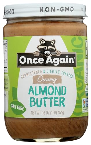 Once Again Creamy Organic Almond Butter No Sugar, Lightly Toasted - Single Ingredient Nut Butter, No Palm Oil, No Salt - Glass Jar, Non-GMO, Gluten Free, Vegan, 16 oz Glass Jar